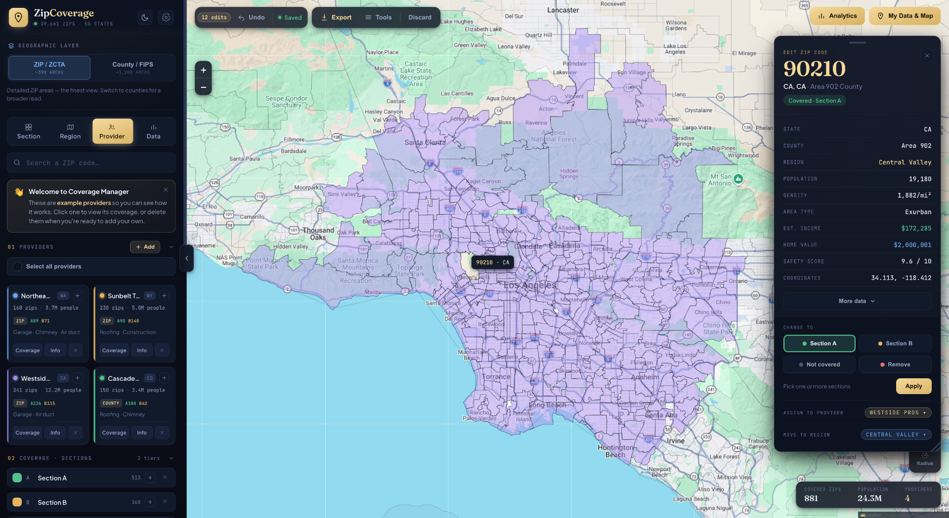 ZipCoverage map showing ZIP 90210 selected with full demographic detail panel and provider assignment controls.