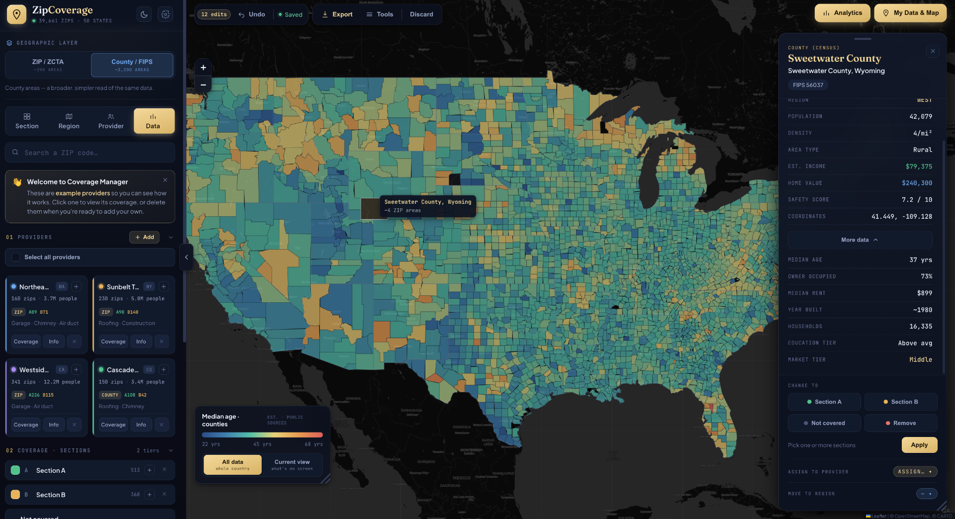 ZipCoverage county-level data view across the entire United States, color-graded by median age.